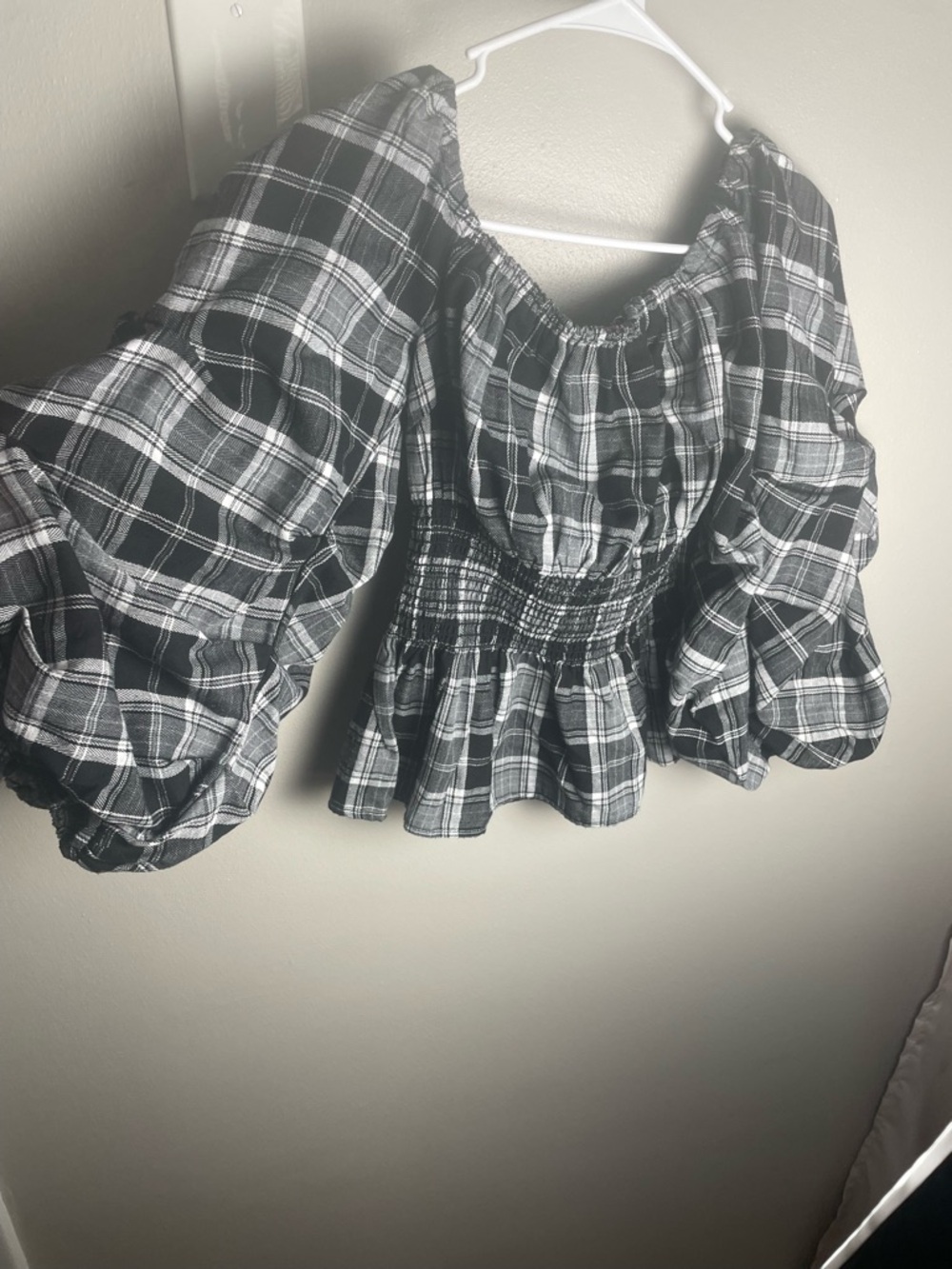 Sugarlips Black & White Plaid Puff Sleeve Peplum Top